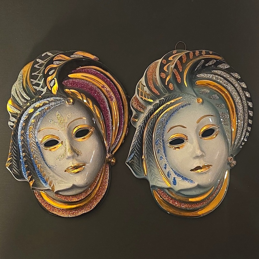 Pair Venetian Style Ceramic Wall Masks Hand Painted Gold Glitter Decor